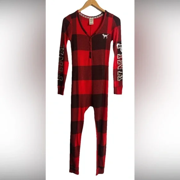 Victoria's Secret PINK Red Buffalo Plaid Holiday Union Suit Pajama Sequin Sz XS - Picture 2 of 10